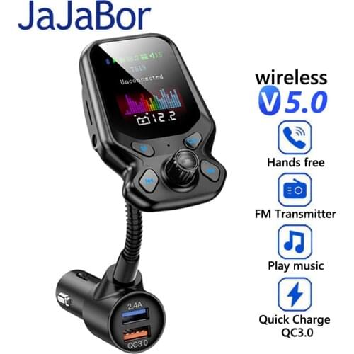 JaJaBor FM Transmitter Bluetooth 5.0 Car Kit Handsfree Calling AUX Stereo QC3.0 Quick Charge Support TF Card U Disk Playback