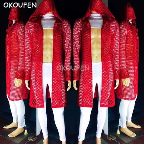 Fashion Red mesh shirt costumes hip hop DJ dancer stage outwear Nightclub male singer Dj performance clothing