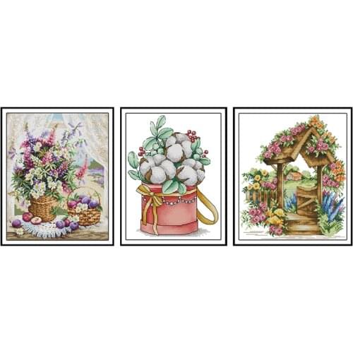 Window Sill Flower Basket Cross Stitch Kit Flowers Patterns 14CT 11CT Cotton Threads for Embroidery DIY Handmade for Needlework
