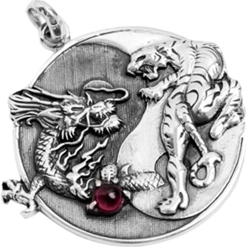 New real s925 pure silver pendant domineering dragon and tiger play bead pendant Tai Chi sun flower inlaid agate man pendant