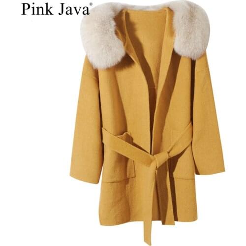 Pink java QC19055-1 new arrival hot sale real fox fur collar wool coat carshmere coat big size women coat fashion wholesale