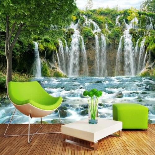Custom Self-Adhesive Waterproof Canvas Mural Wallpaper 3D Nature Landscape Waterfalls Wall Painting Living Room TV Wall Stickers