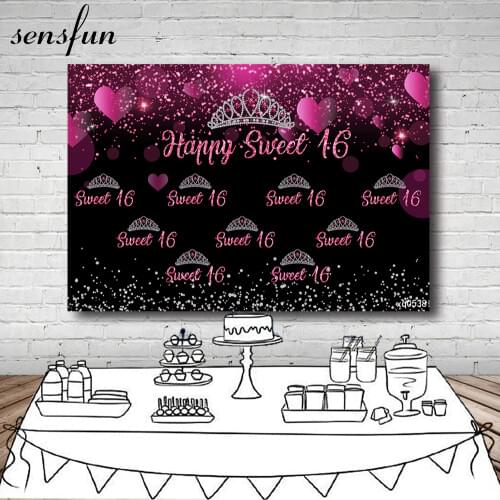 Sensfun Black Hot Pink Glitter Happy Sweet 16 Party Backdrop For Photo Studio Silver Crown Girls Birthday Photography Background