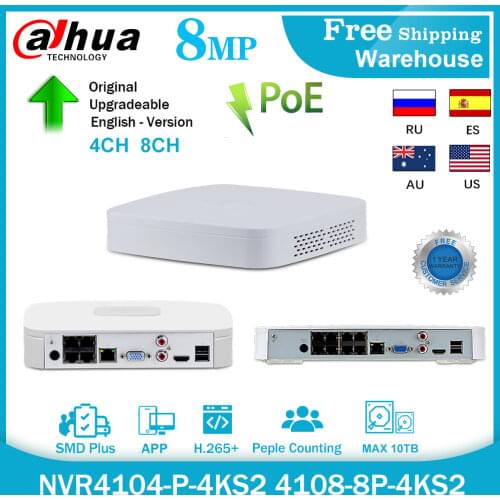 Dahua English Original 4K POE NVR NVR4108-8P-4KS2 With 8ch PoE h.265 Video Recorder Support ONVIF 2.4 SDK CGI with logo