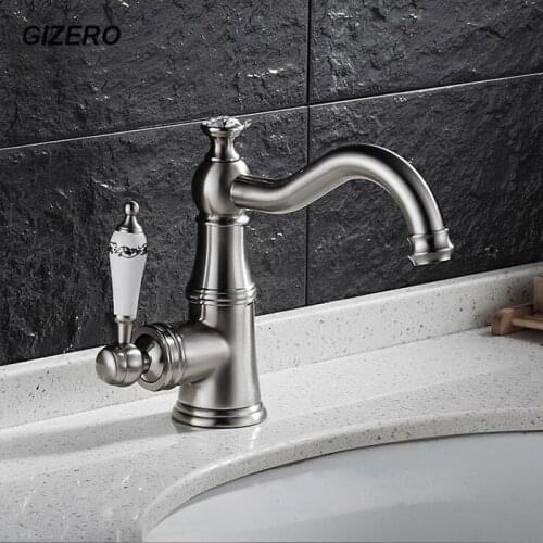 GIZERO Basin Faucet Brush Nickle Hot and Cold Deck Mounted Bathroom Vanity Sink Swivel Mixer Taps ZR636