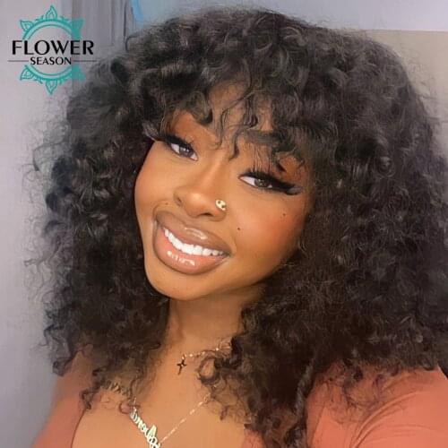 O Scalp Top Full Machine Made Wig With Bangs Loose Curly Human Hair Wig With A Bang Remy Brazilian 16" 200% FlowerSeason