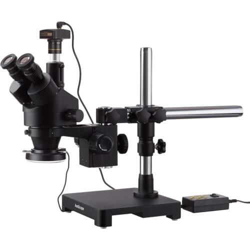 3.5X-45X Black Trinocular Stereo Zoom Microscope on Single Arm Boom Stand + 144 Direction Adjustable LED Ring Light & USB3.0 5MP