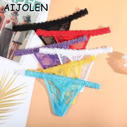 AIJOLEN Sexy Leaky Butt Thongs G String Solid Color Mesh Transparent Ladies Panties Embroidered Lace Strap Sexy Underwear