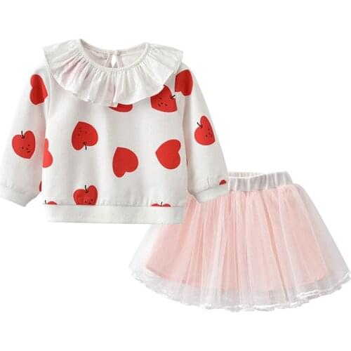 Toddler Girls Clothes Skirt Set, Long Sleeve Apple Ruffle T-Shirt & Tutu Tulle Skirt 1-5Y