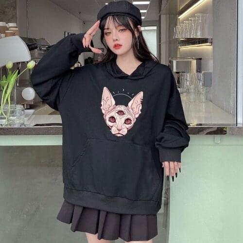 Harajuku Womens Hoodie Cat Print Hoodie Cartoon Long Sleeve Black Loose Casual Top Autumn and Winter Pocket Drawstring Sweater