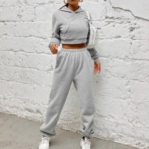 Womens suit pockets solid hooded long sleeve slim crop top jogger trouser set casual streetwear 2021 autumn winter female suits