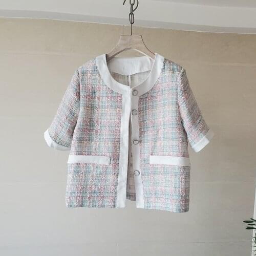 New Fashion Spring Autumn Plaid Stitching Tweed Jacket Vest Womens Sweet Temperament Tweed Woolen Outwear