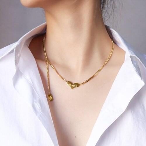 YCHM Heart Necklace Women Stainless Steel Tassel Necklace 3mm Cubana Chain Choker Necklaces Gold Palted Jewelry Accessories