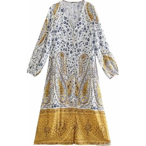 Women Fashion printed tunic dress Vintage Ethnic long balloon sleeves v-neck tunic Female dresses Chic button-up side vents robe