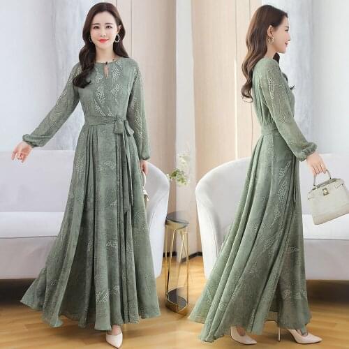 2021 Women Vintage Elegant Lace Floral Dress Female Chiffon Party Long Sleeve O-Neck Lose Dress Ladies Casual Vestidos H242