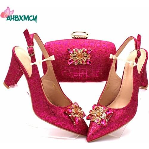 Clssics Italian Women Royal Wedding Party Shoes and Bag to Match with Shinning Crystal in Fuchsia Color African Women Style Set