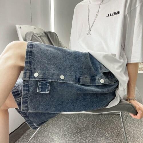 Washed Jeans Outer Wear Loose-breasted Overalls Five-point Pants Casual Wide-leg Straight-leg Denim Shorts Men Oversize Summer