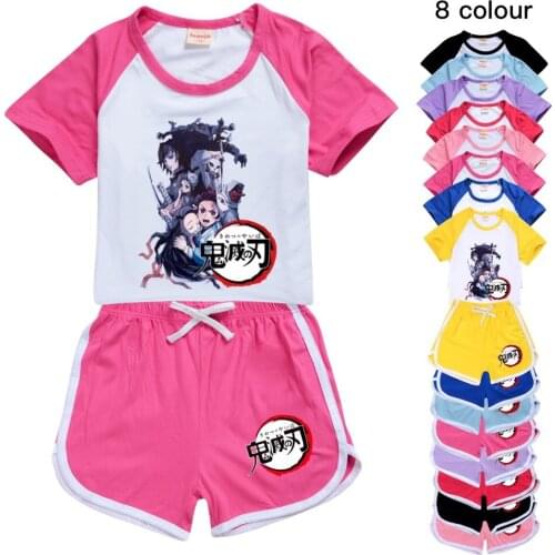 Kimetsu no Yaiba Baby Girl Clothes Polyester Tops Teenage Kids Tshirt Shorts Sport Suit Boys Tees Little Children Home set