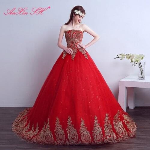 AXJFU princess red lace court train Wedding Dress luxury golden lace strapless sleeveless turkey bride red wedding dress