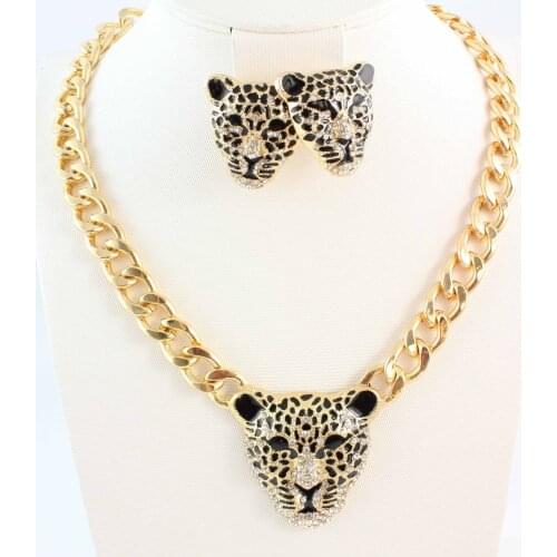 Fashion Gold Color Black Enameled Leopard Pendant Statement Necklace earrings Jewelry Set