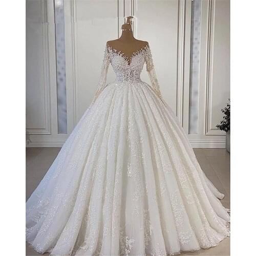 Princess A Line Wedding Dresses Sequins Beaded Bridal Gowns Long Sleeves Sweep Train Plus Size Marriage Vestido de novia