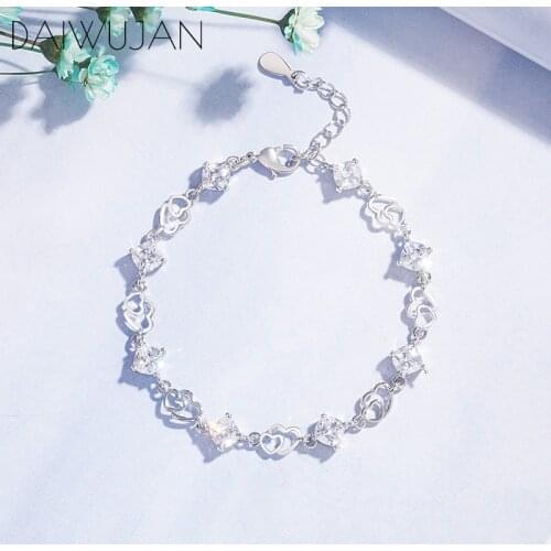 DAIWUJAN Romantic Heart to Heart Charm Bracelet For Women 925 Sterling Silver Square Zircon Love Valentines Day Jewelry Gifts