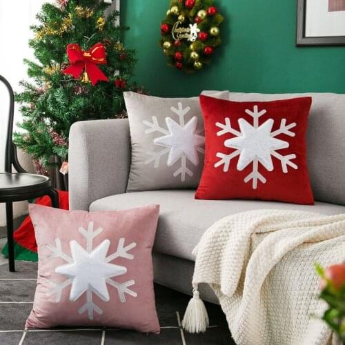 Christmas Decoration Cushion Cover Snowflake Home Sofa Pillow Case Red Pink Grey Velvet Square Embroidery Pillow Cover 45x45cm