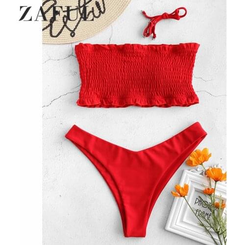 ZAFUL Sexy Swimwear Beach Suit Frilled Smocked Bandeau Bikini Set Bathing Suit Strapless Padded Women Swimsuit Beach Wear