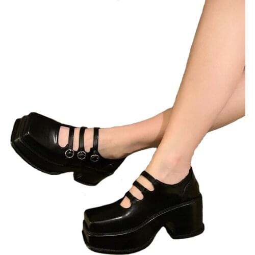 Retro Lolita Shoes Harajuku Square Toe Heels Casual Creepers Punk Shoes Ladies Chunky Shoes Platform Pumps Gothic Black Boots