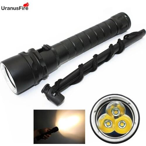 Diving flashlight 3 * XML-T6 LED 2800LM Yellow Light 30W Stepless dimming Underwater Waterproof 100M Torch Power by 2x 18650
