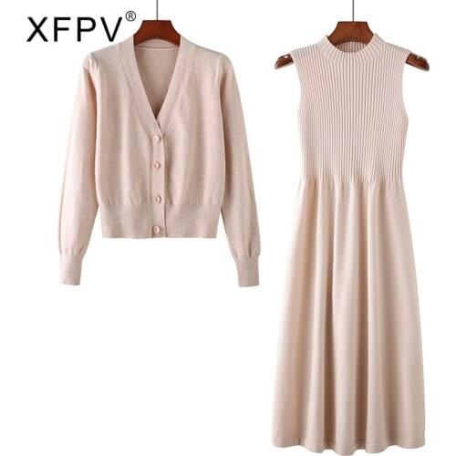 XFPV 2021 Autumn Winter New Arrivals Y2k Female Long-sleeved Knit Dress Two-piece Womens Loose Knit Cardigan Jacket SM147