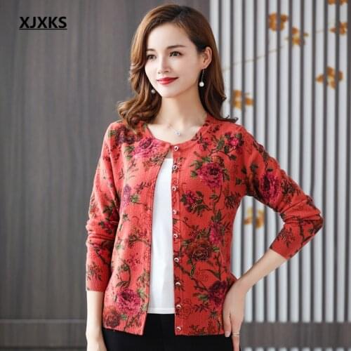 XJXKS 2021 autumn winter new women cardigan high-end digital printing sweater 100% wool knitted cardigan women jacket