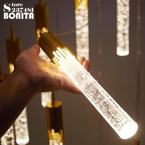 Gold Crystal droplight Villa duplex staircase luxury cylindrical pendant lamp led Bubbles glass long tube cord pendant light