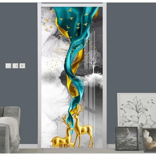 3D Wallpaper Modern Abstract Ink Landscape Golden Elk Door Sticker Living Room Bedroom Home Decor Creative Door Poster PVC Decal