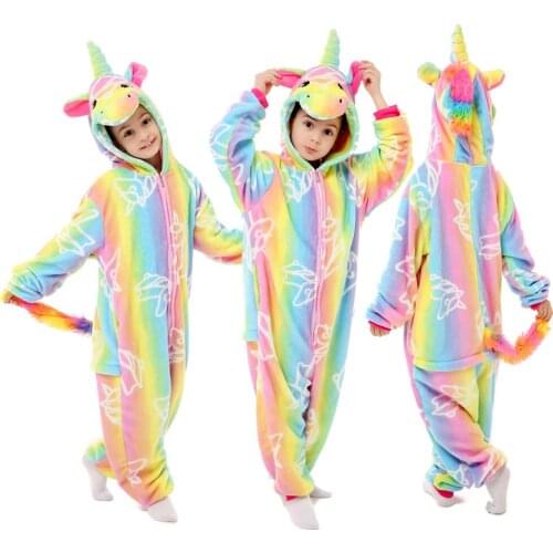 Children Rainbow Unicorn Cosplay Costume Winter Fleece Jumpsuits Cosplay Pajamas Anime Kigurumi Sleepwear Homewear Nightwear