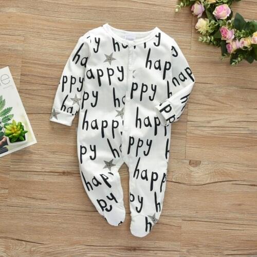 Newborn Baby Boy Girl Romper Pajamas Cotton Letter Happy Print Long sleeve Jumpsuit Infant Outfits