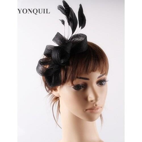 Elegant Bridal Sinamay Accessories Headwear Hair Clips Wedding Black Linen Fascinator Feather Hats Church Wedding Headwear