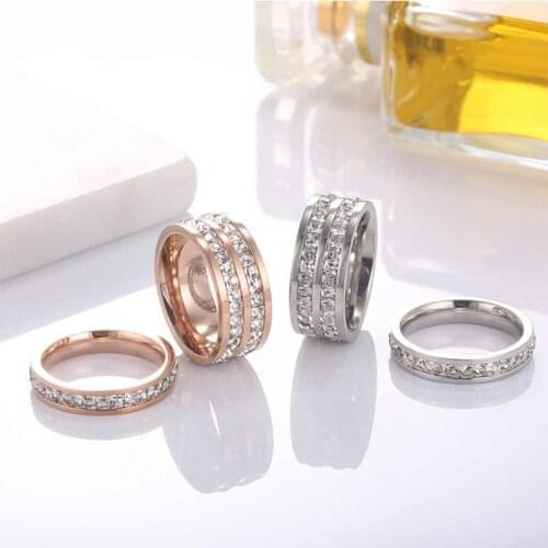JHSL 4mm/8mm Thin Small Stainless Steel Women Cubic Zircon Rings CZ Stone Rose Gold Color Fashion Jewelry US size 4 5 6 7 8 9 10