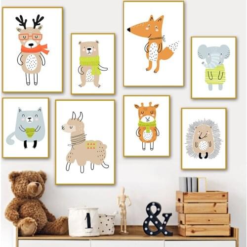 Kawaii Elephant Fox Deer Bear Giraffe Baby Room Wall Art Canvas Painting Nordic Posters And Prints Wall Pictures Kids Room Decor