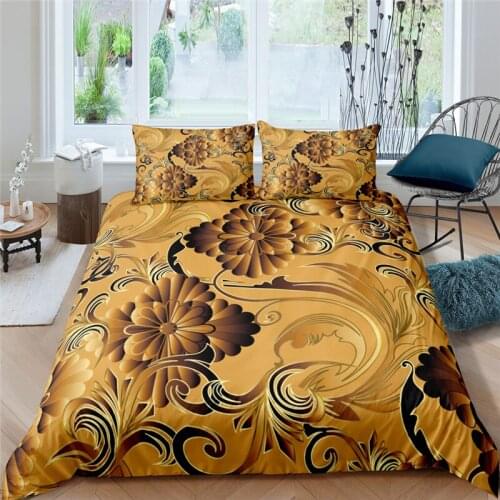 Home Living 3D Golden Flower Print 2/3Pcs Bedding Set Comfortable Duvet Cover Pillowcase Home Textile Single Queen and King Size