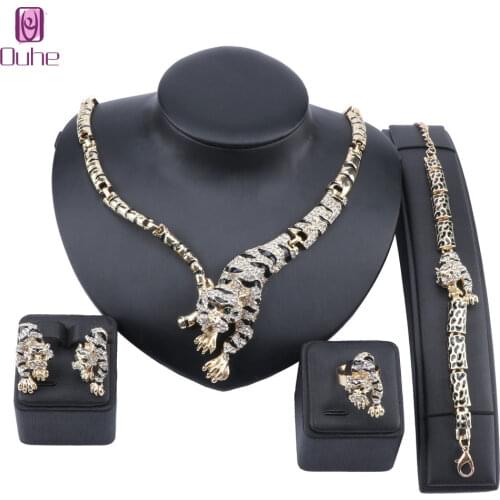 Exquisite Dubai Gold Tiger Crystal Jewelry Set Luxury Nigerian Woman Wedding Costume Design Necklace Earring Ring Bracelet Set