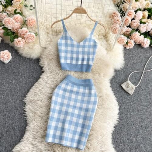 Summer Womens Suit Korean The College Style V-neck Short Sling Top High Waist Bag Hip Skirt Suit Knitted Two-piece Sets LH001
