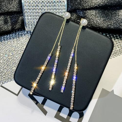 Fashion Long Long Tassel double-sided Pearl Earrings Temperament Wild Simple Crystal Earring For Ladies Women