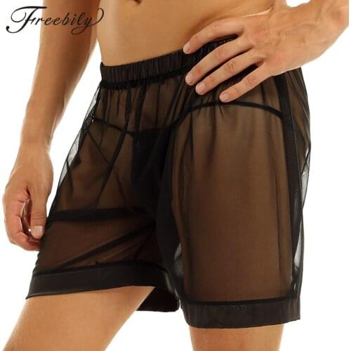 Mens Sexy Lingerie Pants Gay Wetlook Sissy See-through Panties Mesh Loose Lounge Boxer Shorts Male Exotic Underwear