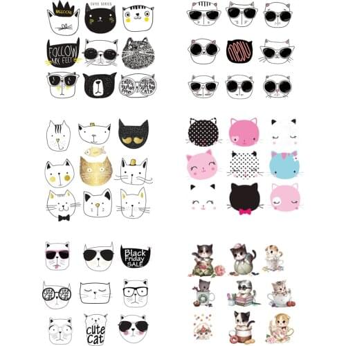 9 designs/combo Cartoon Black graffiti Cute cat face Children Clothing stickers DIY iron on patches for clothes