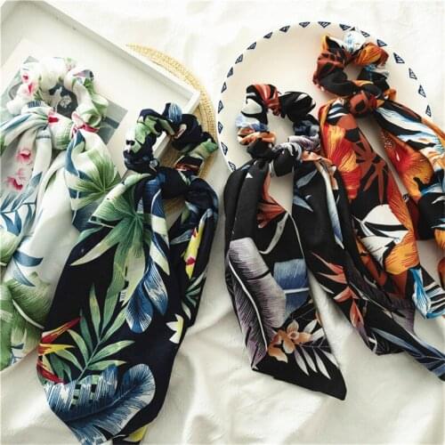 New Chiffon Ribbon Scrunchies Woman Streamers Hair Ring Silk Girl Ponytail Holders Printed Hair Ties Rope Accessories Headwear