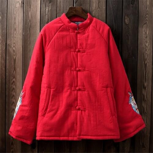 Cotton and linen clothes women winter cotton padded coat vintage black outwear embroidery retro veste warm tops
