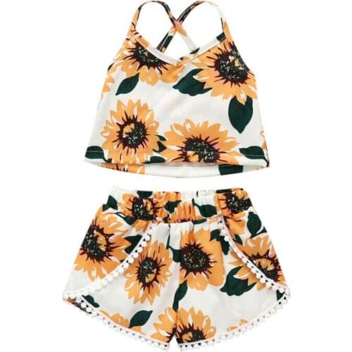 1-4T Infant Toddler Kids Baby Girl Clothes Set Summer Sunflower Sleeveless Vest Tops Tassels Shorts Outfits