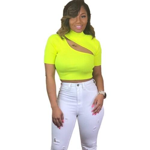 Sexy Neon Yellow Orange Turtleneck Womens Tops Sexy Hollow Out Ribbed Knitted T Shirts Ladies Streetwear Cropped Tops Plus Size