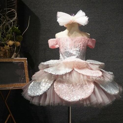 Luxury New Coming Baby Girls Dresses Off the Shoulder Lace Up Back Princess Pageant Prom Gown Infant First Birthday Dress